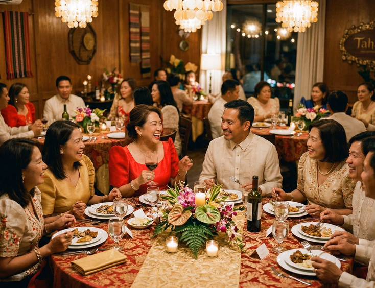 Filipino couple in their late 20s seated at the center of a beautifully set round dining table in a warmly lit private dining room, surrounded by both sets of parents and close relatives in warm conversation over traditional dishes in red and gold table decor