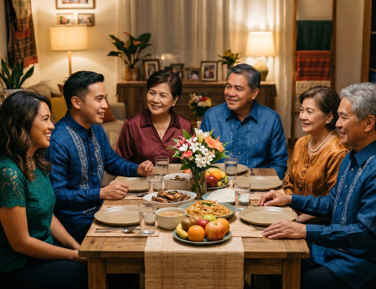 Filipino couple in their late 20s seated across from both sets of parents at a small dining table in a warmly lit home sala, group of eight in relaxed attentive conversation over traditional dishes and flowers in semi-formal jewel-tone attire