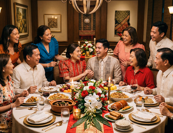Small intimate private dining room in a Philippine restaurant set for twenty guests with round tables in red and gold linens and low floral centerpieces, Filipino family in semi-formal festive attire seated and mid-conversation under warm pendant lighting