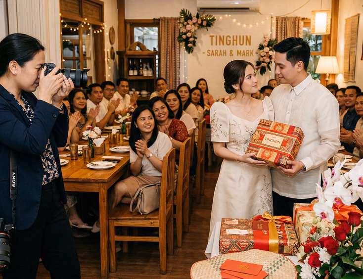 Filipino photographer in her early 30s standing at the edge of a small intimate dining room capturing a Filipino couple during a tinghun gift presentation, fewer than thirty attentive guests visible in the warmly lit room