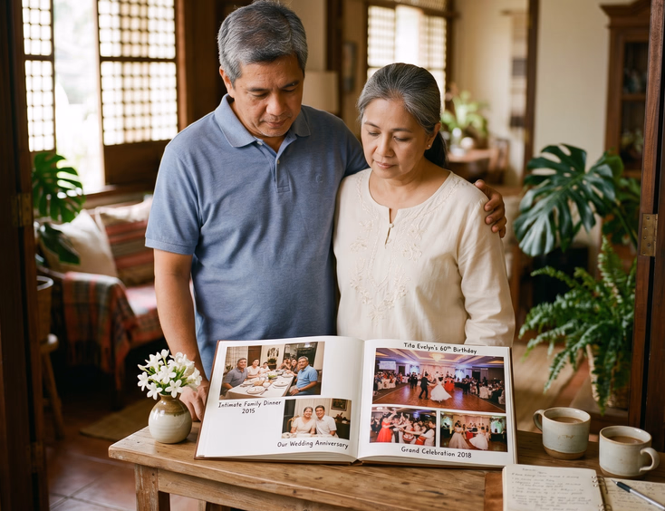 Filipino couple comparing intimate and grand celebration photo albums at home.