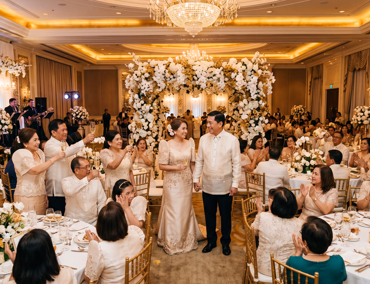 Wide view of a grand Filipino vow renewal reception in a hotel ballroom with many guests.