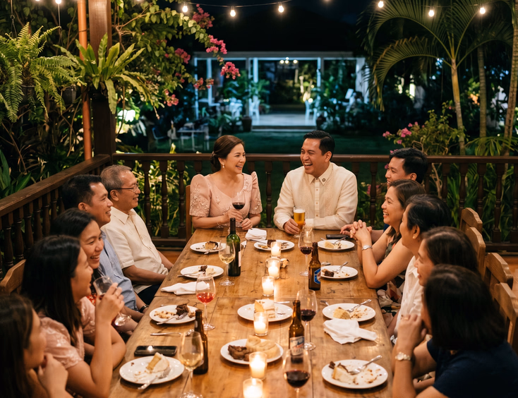 Filipino couple having a late-night intimate gathering with family on a veranda.