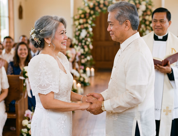 Close-up of a Filipino couple holding hands and looking into eyes during a vow renewal.