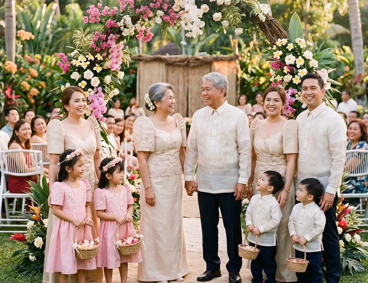 Mature Filipino couple in traditional attire renewing vows surrounded by three generations of family in a garden.