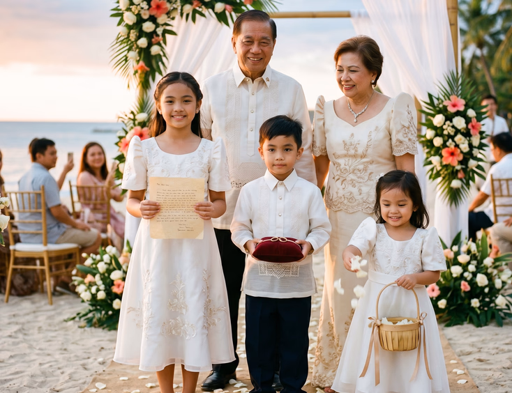 Three young Filipino grandchildren in matching white outfits participating in a wedding or vow renewal ceremony, with grandparents in the background.