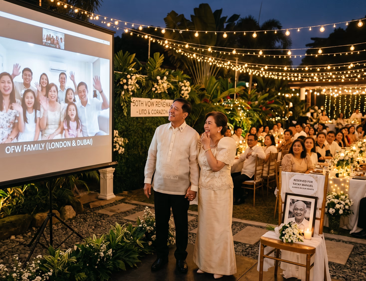 Filipino family vow renewal garden reception featuring a live video call with OFW relatives and a memorial chair for a deceased parent.
