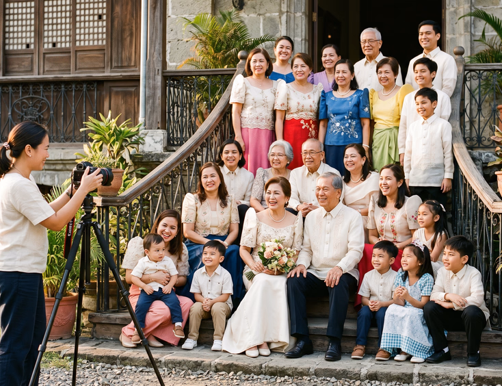 Large multigenerational Filipino family posing for a group photo with a photographer on the steps of a Spanish-colonial ancestral home.