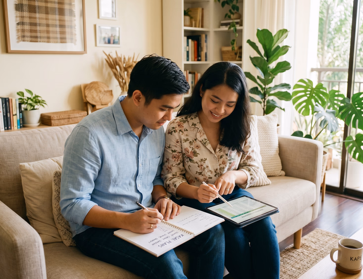 A young Filipino couple sits on a sofa in a modern, well-lit living room, thoughtfully discussing plans over a notebook and tablet.