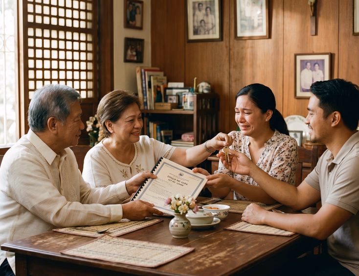 An older Filipino couple lovingly hands over a land title and house keys to their adult daughter and her partner at the dining table.