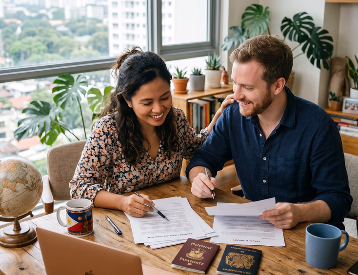 A Filipina and her foreign partner collaboratively review travel and property documents at a table with passports and a small globe.