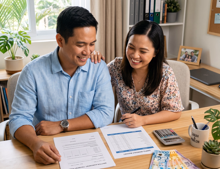 A relieved Filipino couple confidently reviews a clear agreement and budget chart at a tidy desk with a calculator and peso bills.