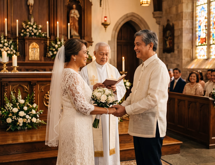 Filipino couple in their 50s exchanging vows inside a chapel during a wedding ceremony.
