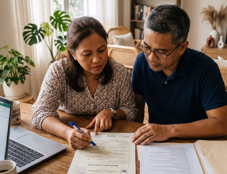 Filipino couple in their 40s reviewing a marriage certificate at a dining table.