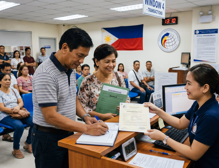 Filipino couple in their 50s at a Philippine Statistics Authority office retrieving a certificate.