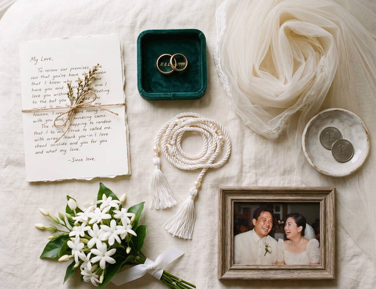 Flat lay of traditional Filipino wedding vow renewal items including a wedding cord, veil, and rings.