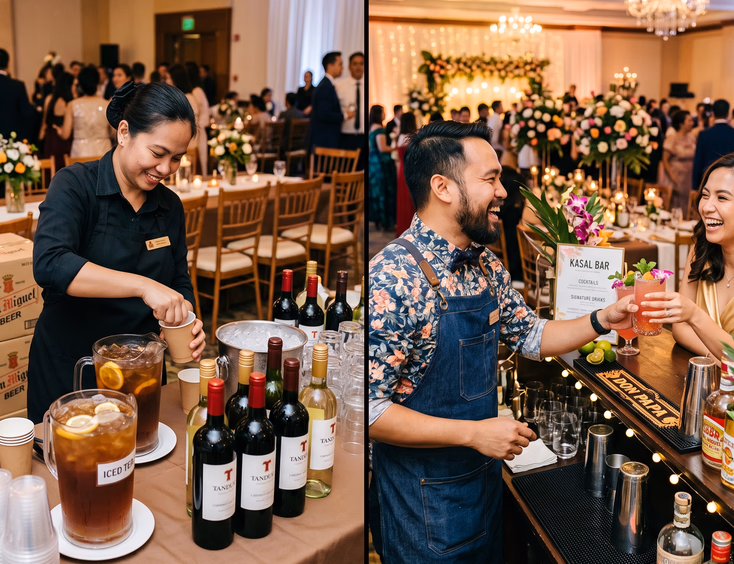 Split composition comparing a basic catering drink setup and a styled mobile bar with a Filipino bartender serving cocktails at a wedding reception hall