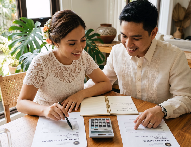 Filipino bride and groom comparing printed catering beverage and mobile bar package quotes side by side at a table in a modern Filipino home
