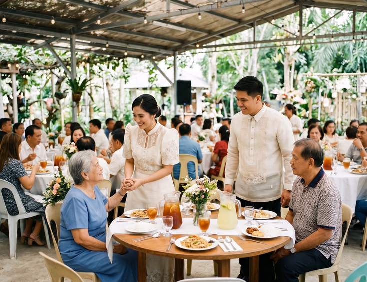 Intimate budget-friendly Filipino wedding reception with 50 guests seated at round tables with juice and iced tea pitchers and a couple greeting family in a covered outdoor venue