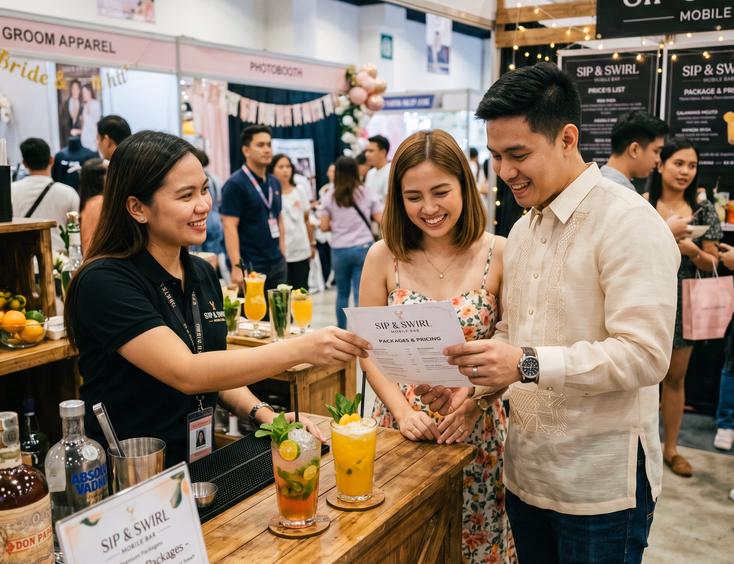 Young Filipino couple reviewing a printed mobile bar price list with a supplier at a bridal fair booth with sample garnished cocktails on the counter