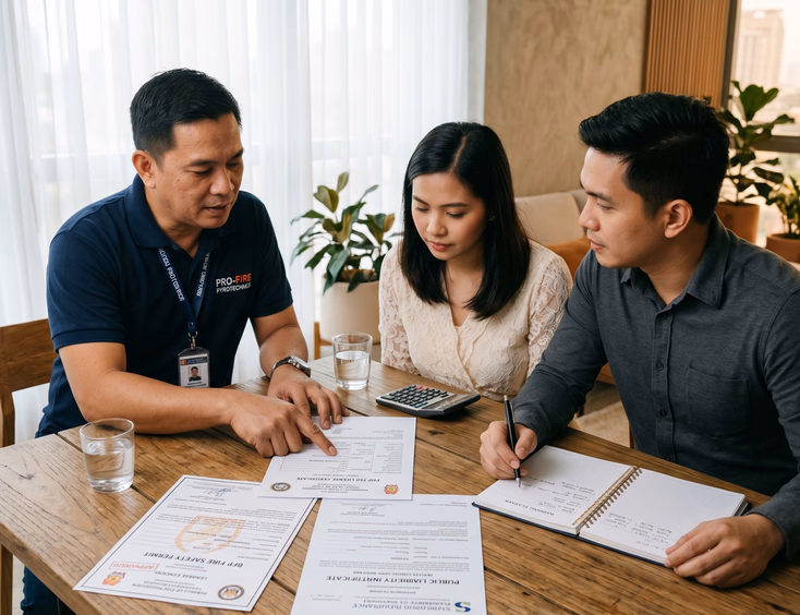 Filipino couple and licensed pyrotechnics operator reviewing BFP permits and PNP-FED licenses for wedding fireworks.