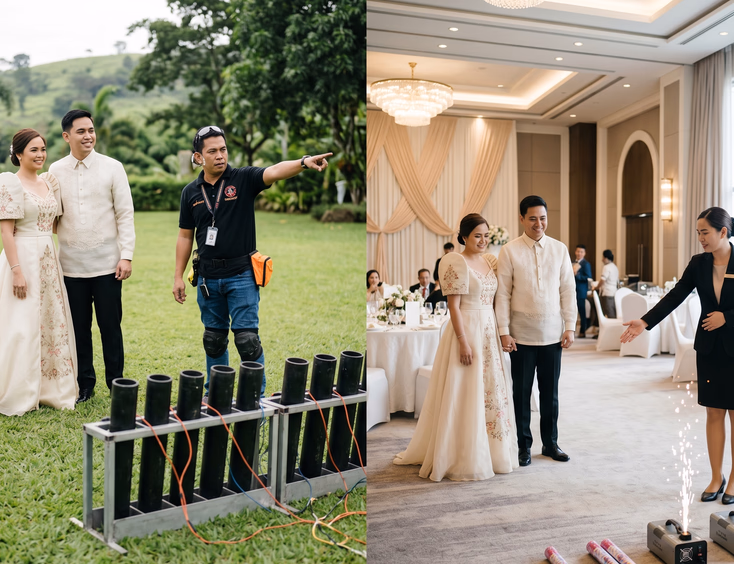 Comparison of outdoor aerial fireworks at a provincial wedding venue versus indoor cold sparklers in a Manila ballroom.