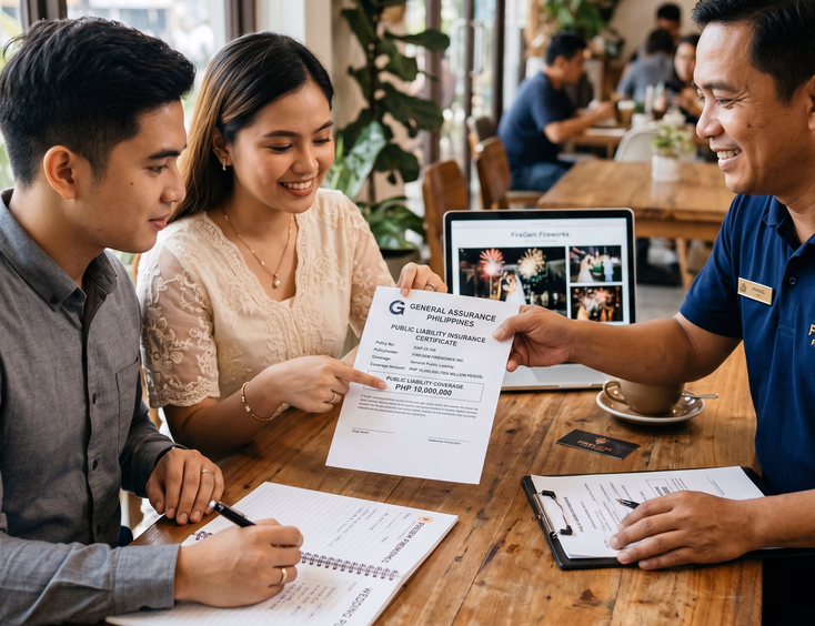 Filipino couple verifying public liability insurance coverage with a professional wedding fireworks supplier.