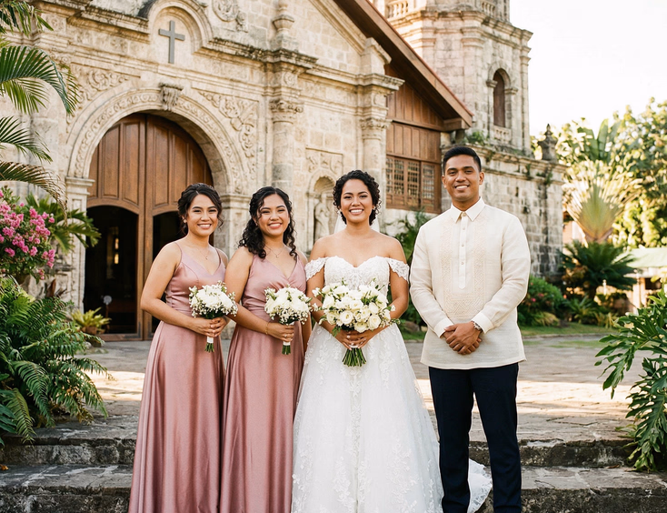 Filipino bride in white gown flanked by two bridesmaids in dusty rose and a bridesman in cream barong tagalog at the entrance of a sunlit Catholic church, wide editorial wedding photo Philippines