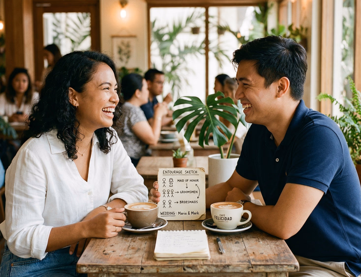 Filipino bride and male best friend laughing over coffee at a bright Manila cafe with a wedding entourage sketch on the table, candid lifestyle editorial photography Philippines