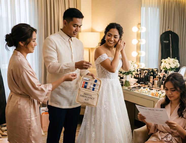 Filipino bridesman in ivory barong tagalog passing a safety pin to the maid of honor in a bright hotel preparation room while the bride adjusts her earring, candid documentary wedding photography Philippines