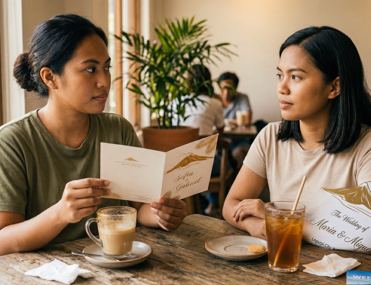A Filipino woman in her late 20s sits at a café table holding a wedding invitation card with a thoughtful expression, while a friend across from her listens attentively, with two drinks on the table between them in a warm, softly lit café.