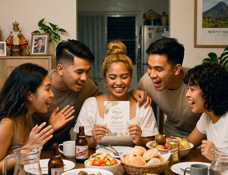 A group of five young Filipino friends gather around a dining table in a lively home setting, laughing and reacting with excitement as one woman at the center holds up a wedding invitation card with a wide smile under warm evening indoor lighting.