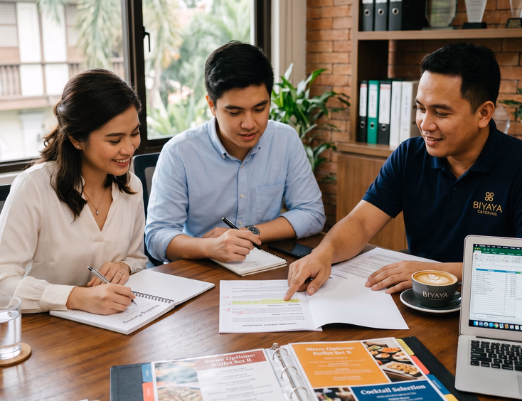 Filipino bride and groom reviewing a wedding catering contract's crew meal clause with a caterer.