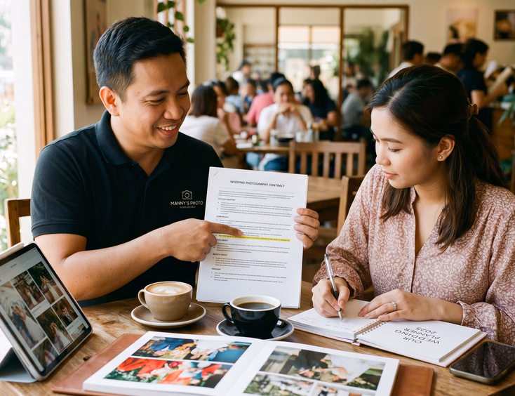 Filipino wedding photographer discussing a crew meal contract clause with a bride at a coffee shop.