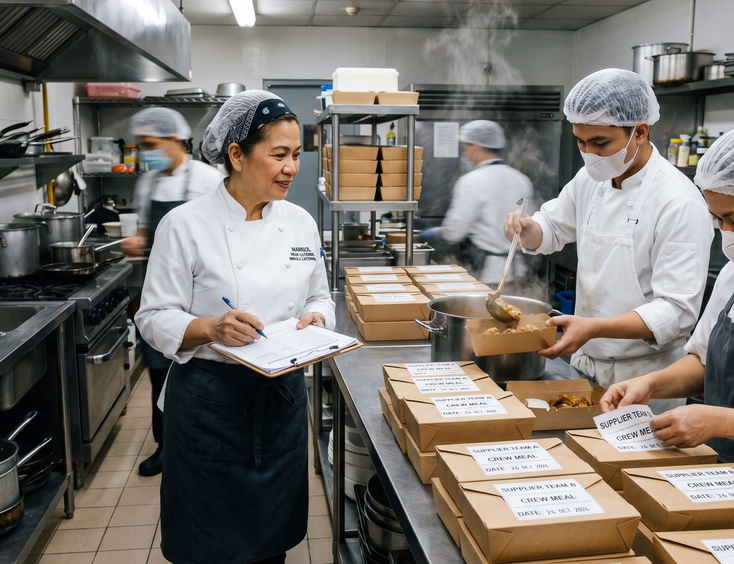 Filipino catering team preparing and labeling boxed crew meals in a professional commercial kitchen.