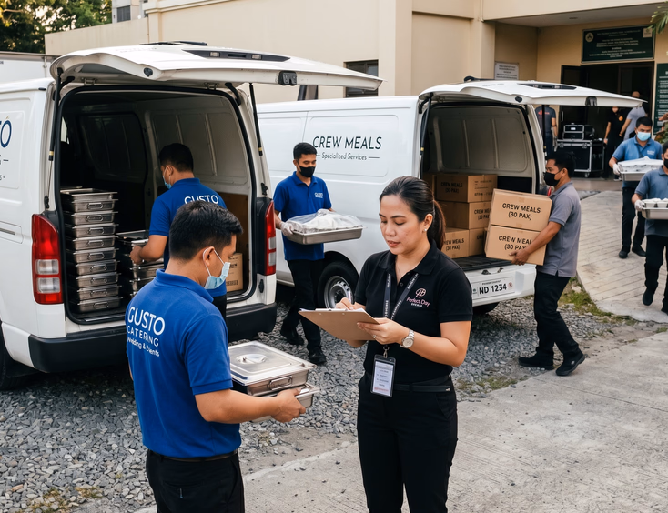 Filipino wedding coordinator supervising simultaneous deliveries of guest meals and boxed crew meals at a venue.