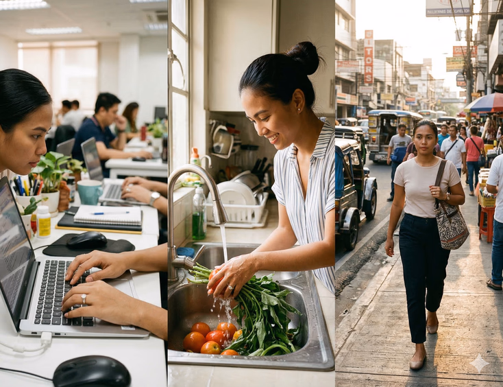 A triptych-style image showing a Filipino woman with morena complexion wearing a moissanite solitaire ring in three everyday settings. On the left, she types on a laptop in a bright office with the ring visible on her hand. In the center, she washes vegetables at a kitchen sink as the ring catches the light under running water. On the right, she walks along a busy Manila sidewalk carrying a shoulder bag as the ring catches the afternoon sunlight.