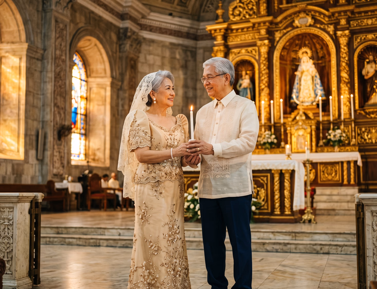 Elderly Filipino couple in traditional terno and barong holding a candle inside a historic church.