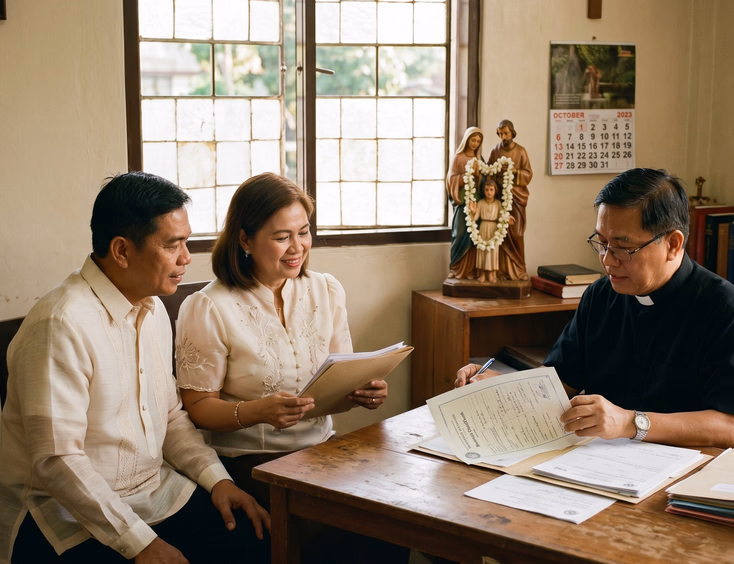 Filipino couple and Catholic priest reviewing marriage documents in a parish office.
