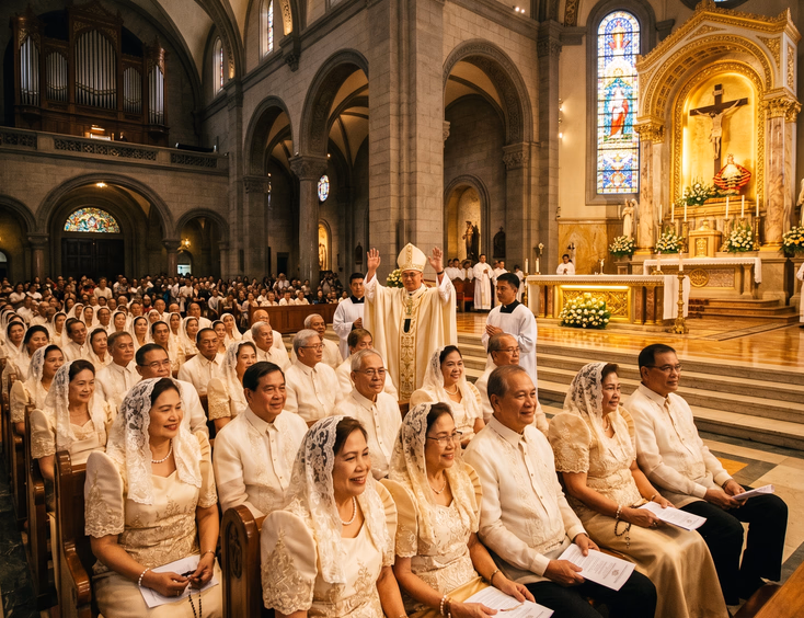 Group of elderly Filipino couples receiving a blessing from an archbishop inside Manila Cathedral.