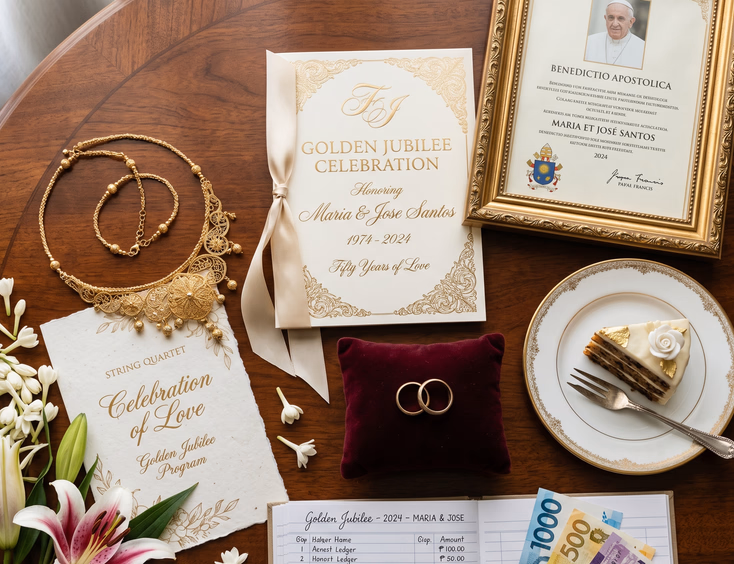 Flat lay of Filipino golden jubilee anniversary elements, wedding rings, and sampaguita flowers on a mahogany table.