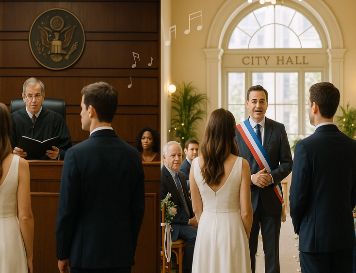 Split view of courtroom with judge and City Hall with mayor during civil rites
