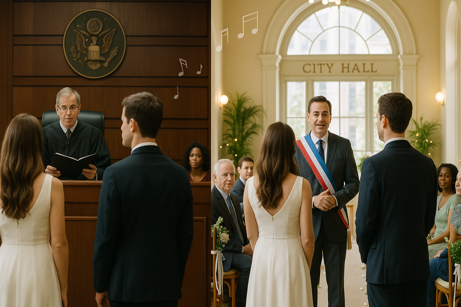 Split view of courtroom with judge and City Hall with mayor during civil rites
