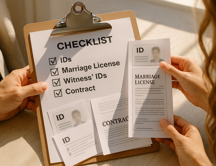 Checklist with IDs license witness cards and contract pages arranged by a couple