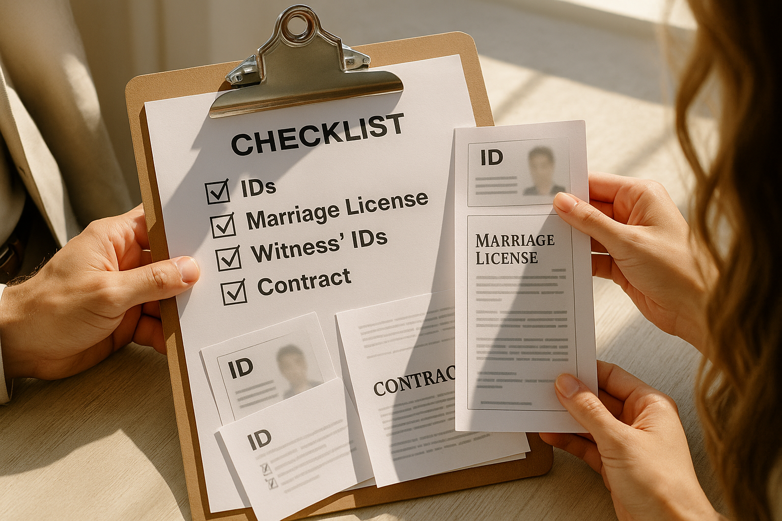 Checklist with IDs license witness cards and contract pages arranged by a couple
