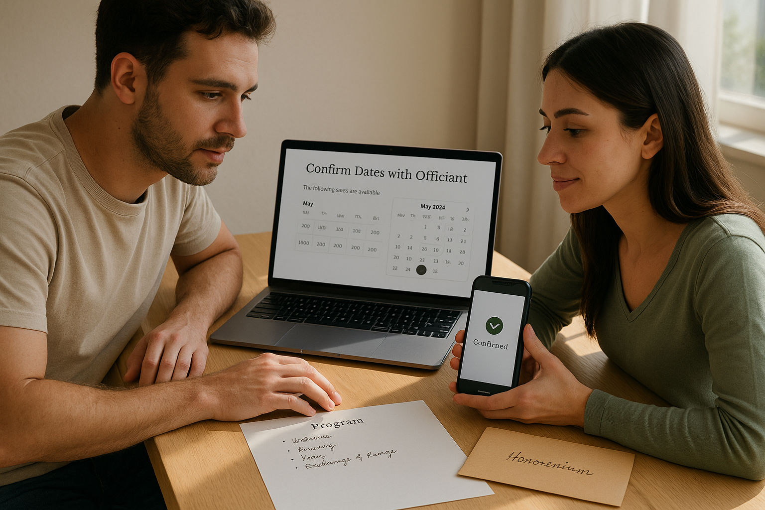 Couple confirming officiant schedule online with calendar and notes visible