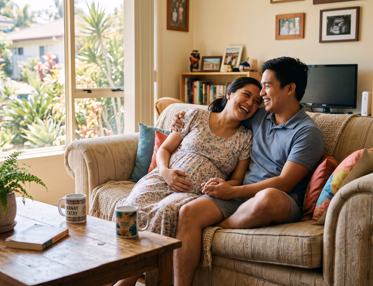 A young, affectionate Filipino couple sits close together laughing on their living room sofa with coffee mugs in a warm sunlit home interior.