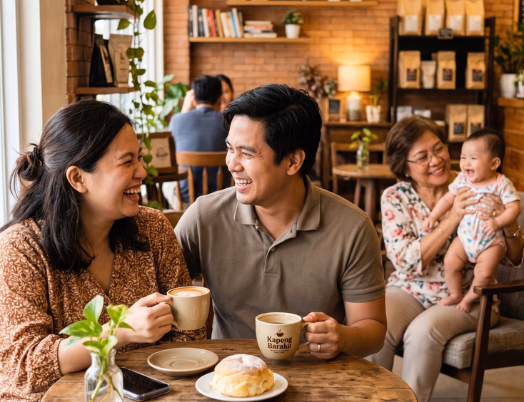 A joyful Filipino couple enjoys a quiet, reconnecting coffee date together at a small cafe table while a grandmother holds their baby in the cozy cafe background.