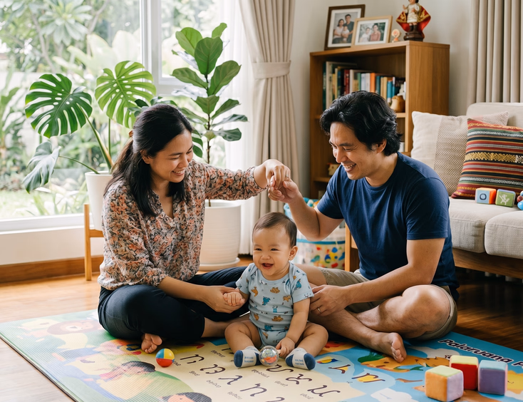 A happy Filipino family of three at home, parents holding hands while their baby sits between them on a play mat in a bright, airy living room.