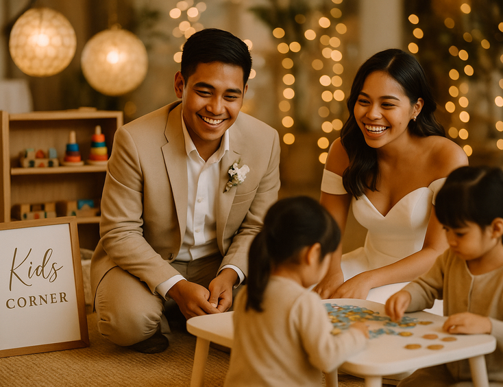 Young Filipino couple guiding a calm kid corner with art puzzles and a token shelf